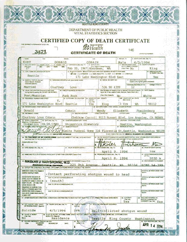 Certidão de Óbito de Kurt Cobain