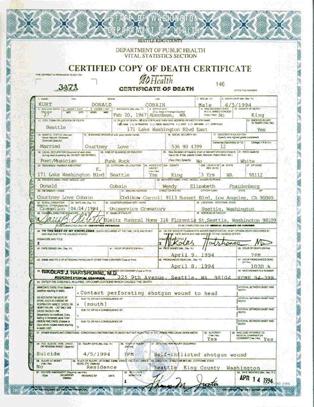 Kurt Cobain's Death Certificate